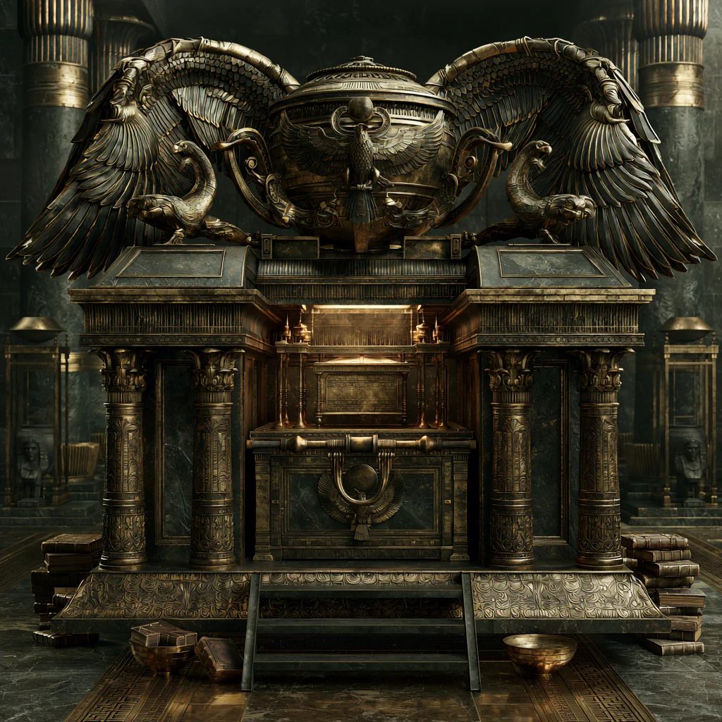 L'Arche du Covenant : deux gardiens ailés veillent sur le coffre, entre les colonnes du sanctuaire