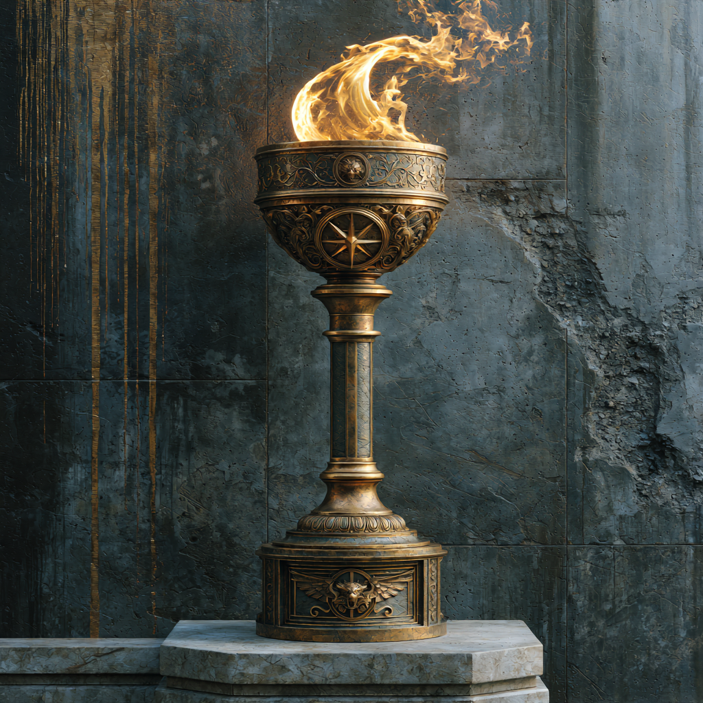 Le flambeau d'AT·OM — la flamme d'or ravivée sur son socle de marbre