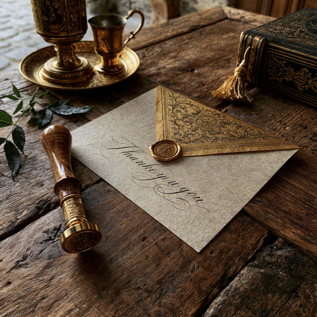 Une lettre scellée à la cire d'or, posée sur une table de bois ancienne